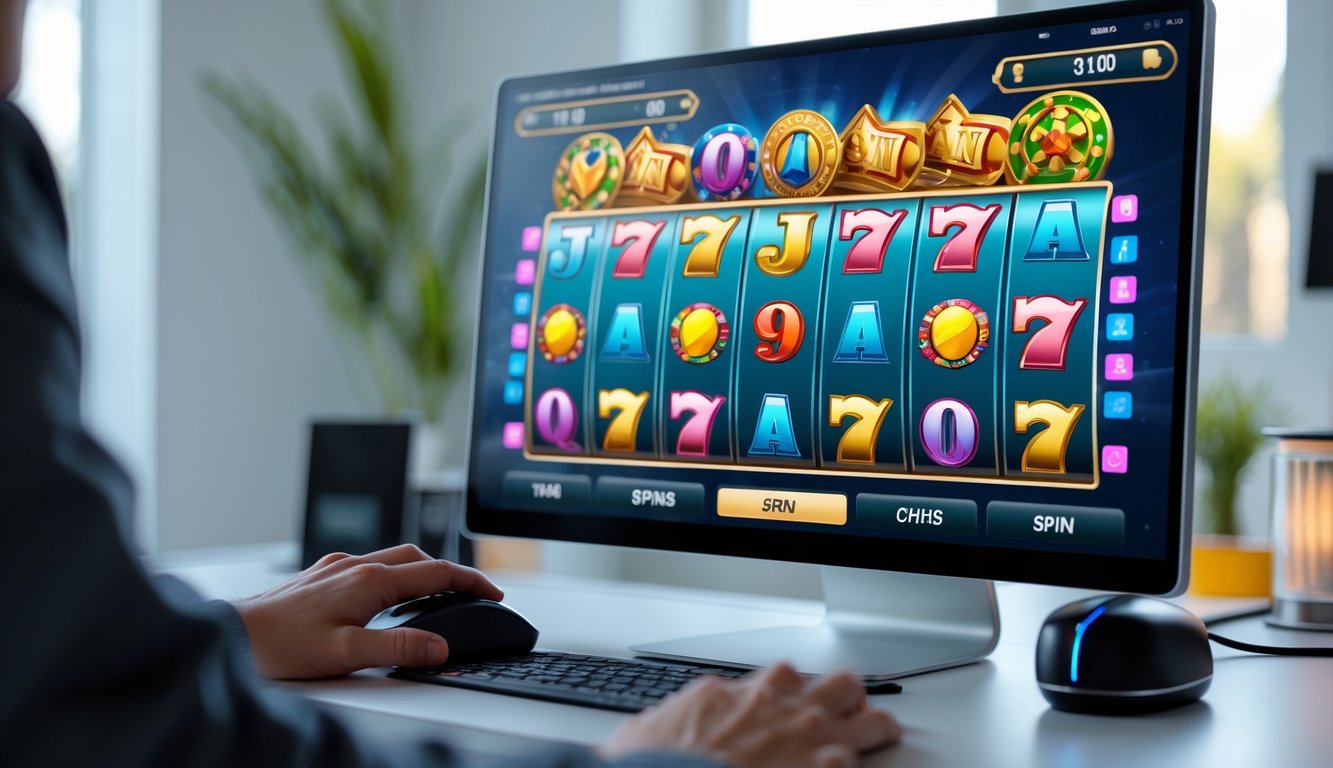 Seseorang menggunakan komputer dengan tampilan mesin slot online yang menunjukkan pola putaran stabil.
