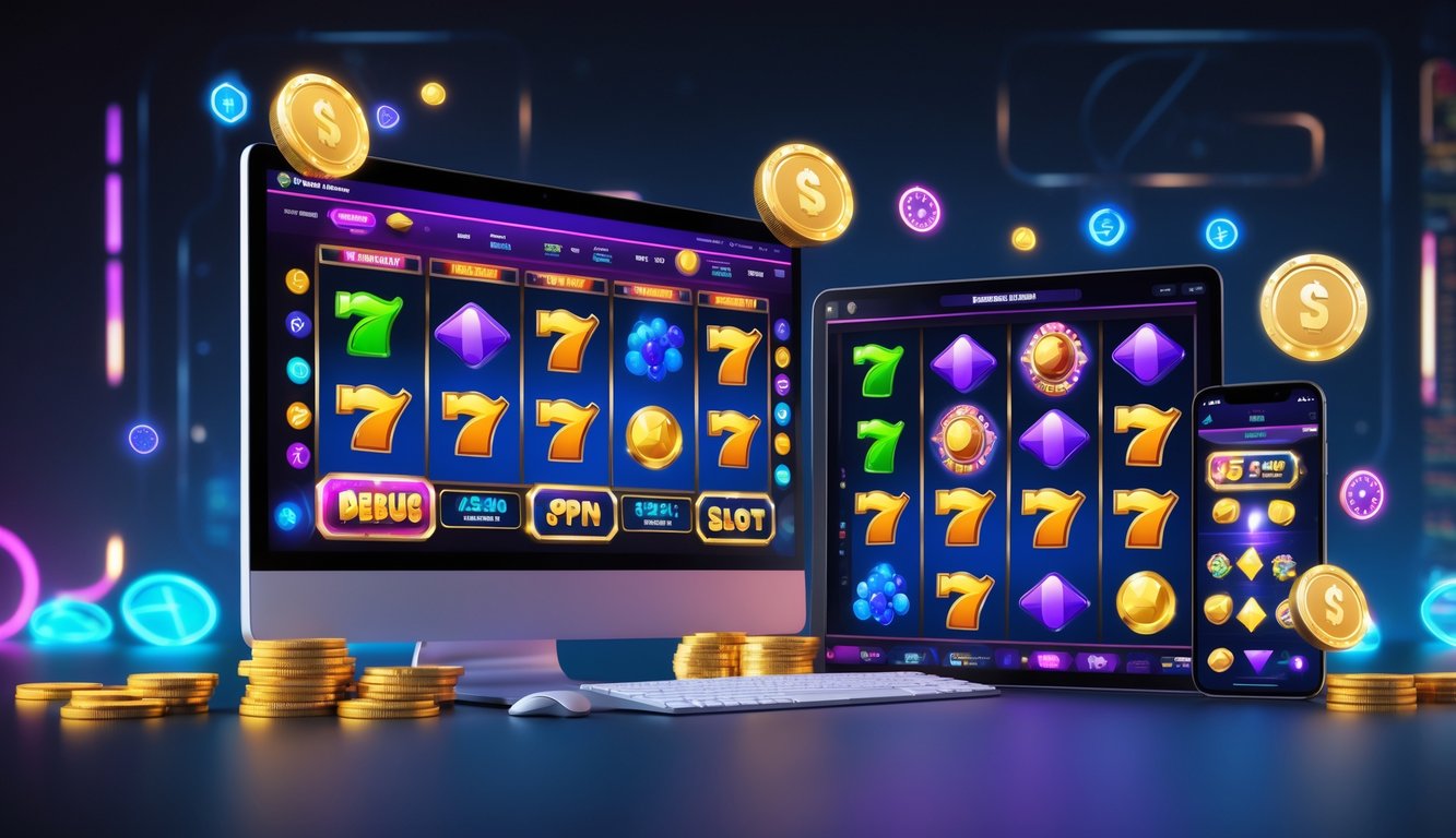 Antarmuka permainan slot online yang menampilkan gulungan berwarna-warni dan ikon bonus serta putaran gratis di layar komputer dan ponsel.