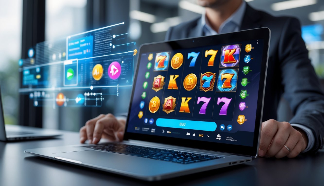 Seorang pengguna dewasa menggunakan laptop dengan tampilan permainan slot online yang berwarna-warni di lingkungan kantor modern.