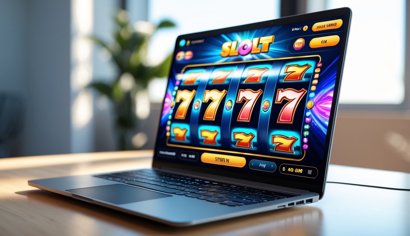 Seorang pengguna sedang bermain permainan slot online modern di laptop dengan tampilan permainan yang responsif dan desain yang ringan.