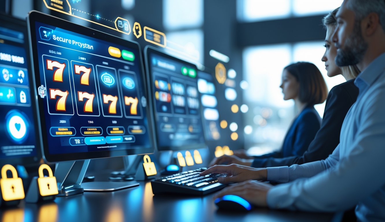 Orang-orang menggunakan komputer dengan layar digital yang menampilkan mesin slot dan simbol keamanan data.