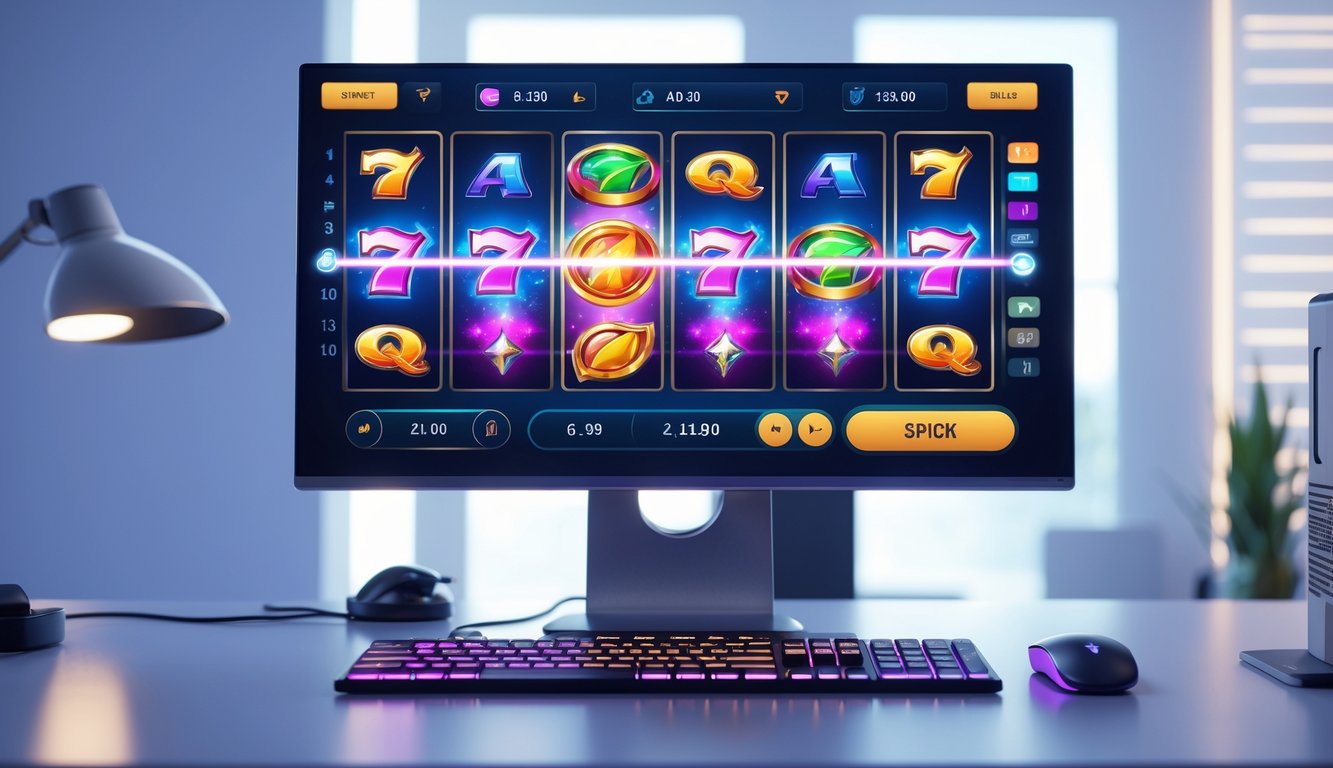 Layar komputer menampilkan permainan slot online dengan grafis warna-warni di ruangan gaming yang terang dan modern.
