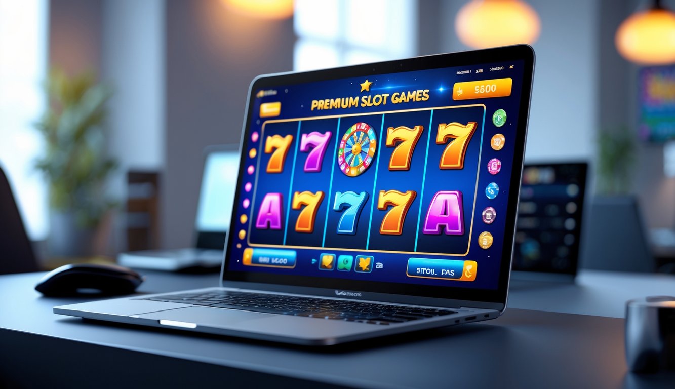 Seorang pengguna sedang bermain permainan slot online di komputer dengan latar belakang suasana kasino modern.