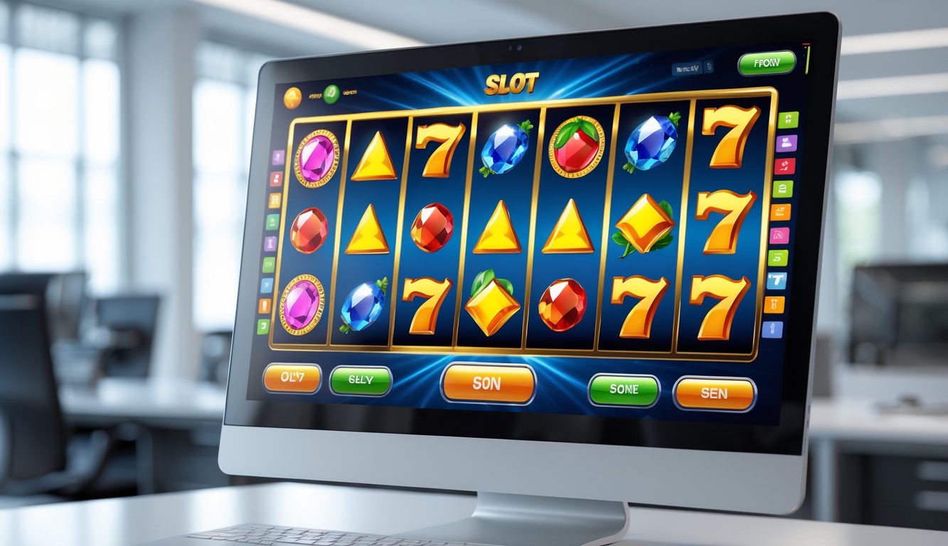Layar komputer menampilkan permainan slot online dengan simbol warna-warni di lingkungan kantor yang terang.