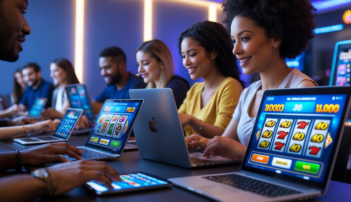 Beberapa pemain dari berbagai latar belakang sedang bermain game slot online menggunakan perangkat digital di ruangan yang terang dan modern.