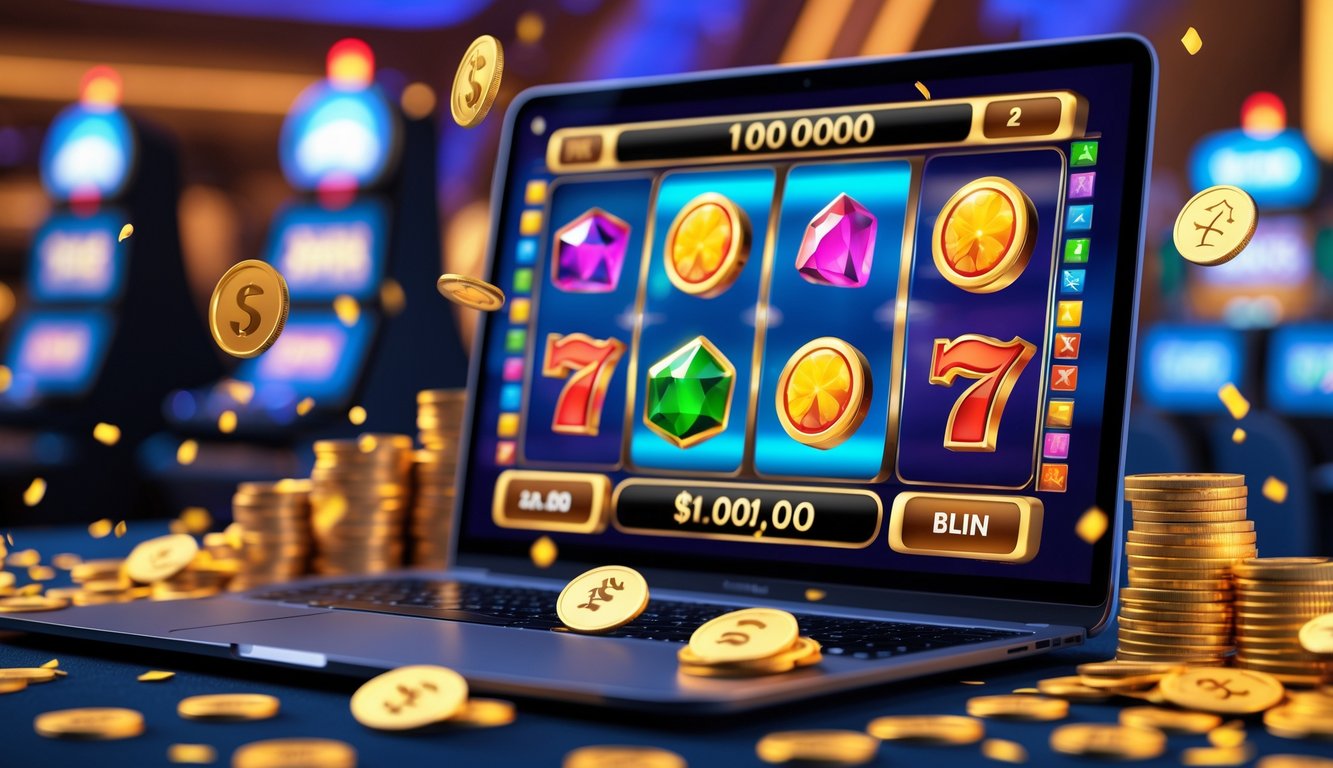 Tampilan perangkat digital dengan permainan slot online berwarna-warni dan koin berkilau di sekitarnya yang menunjukkan bonus menarik.
