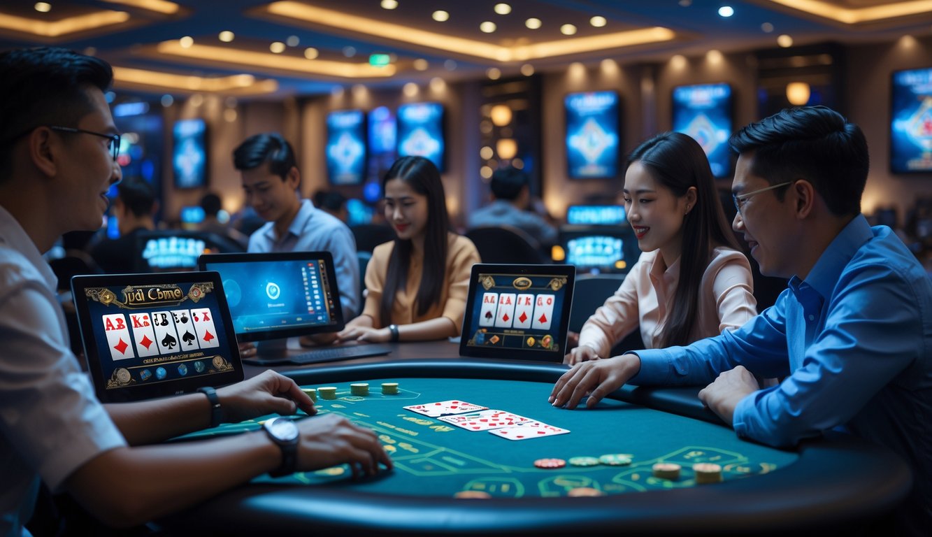Beberapa orang bermain Judi Ceme secara online di meja permainan digital dengan layar yang menampilkan kartu secara real-time.