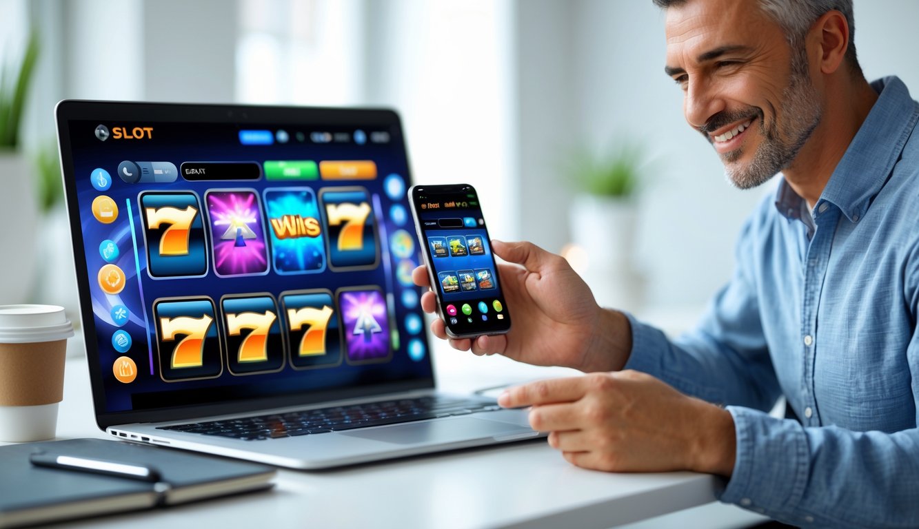 Seorang pengguna sedang menggunakan laptop dan smartphone dengan tampilan permainan slot online yang berwarna-warni di meja kerja yang terang dan rapi.