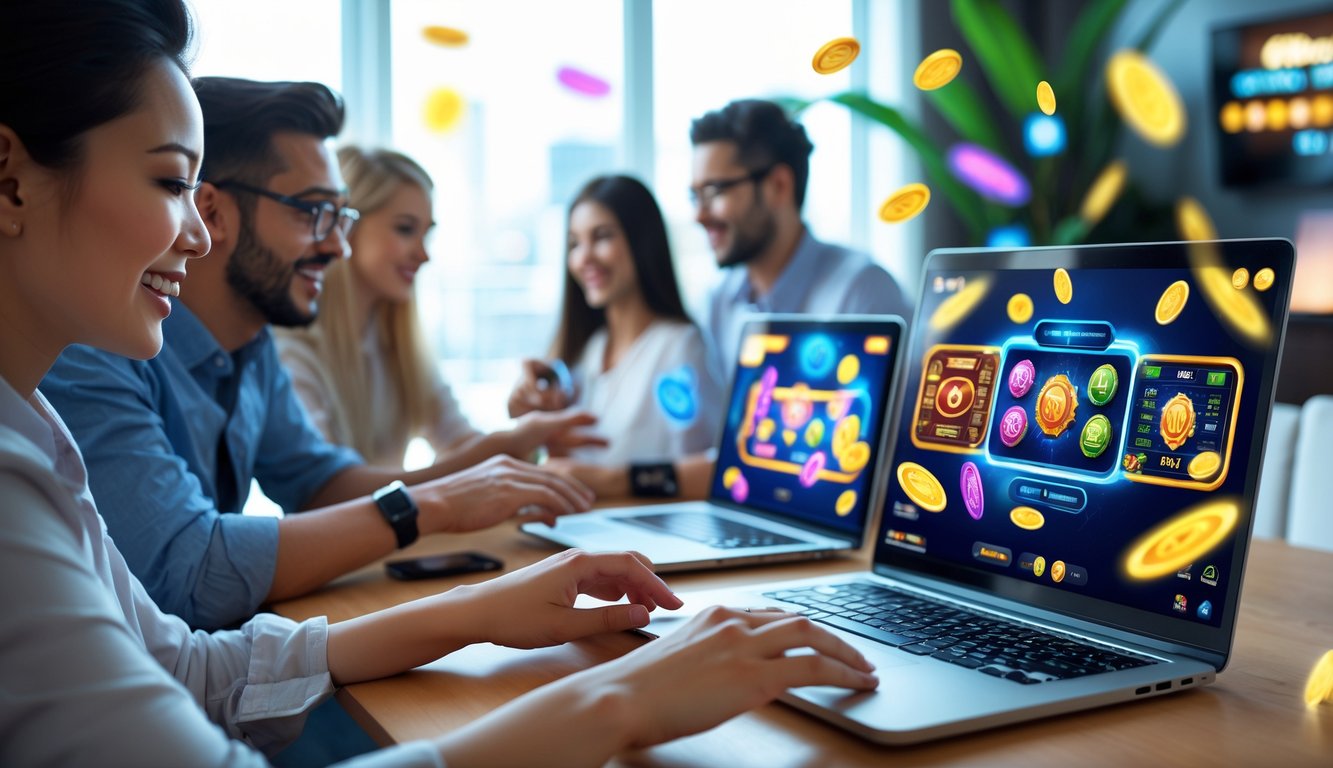 Orang-orang bermain judi Ceme online dengan laptop dan ponsel di ruang modern yang terang.