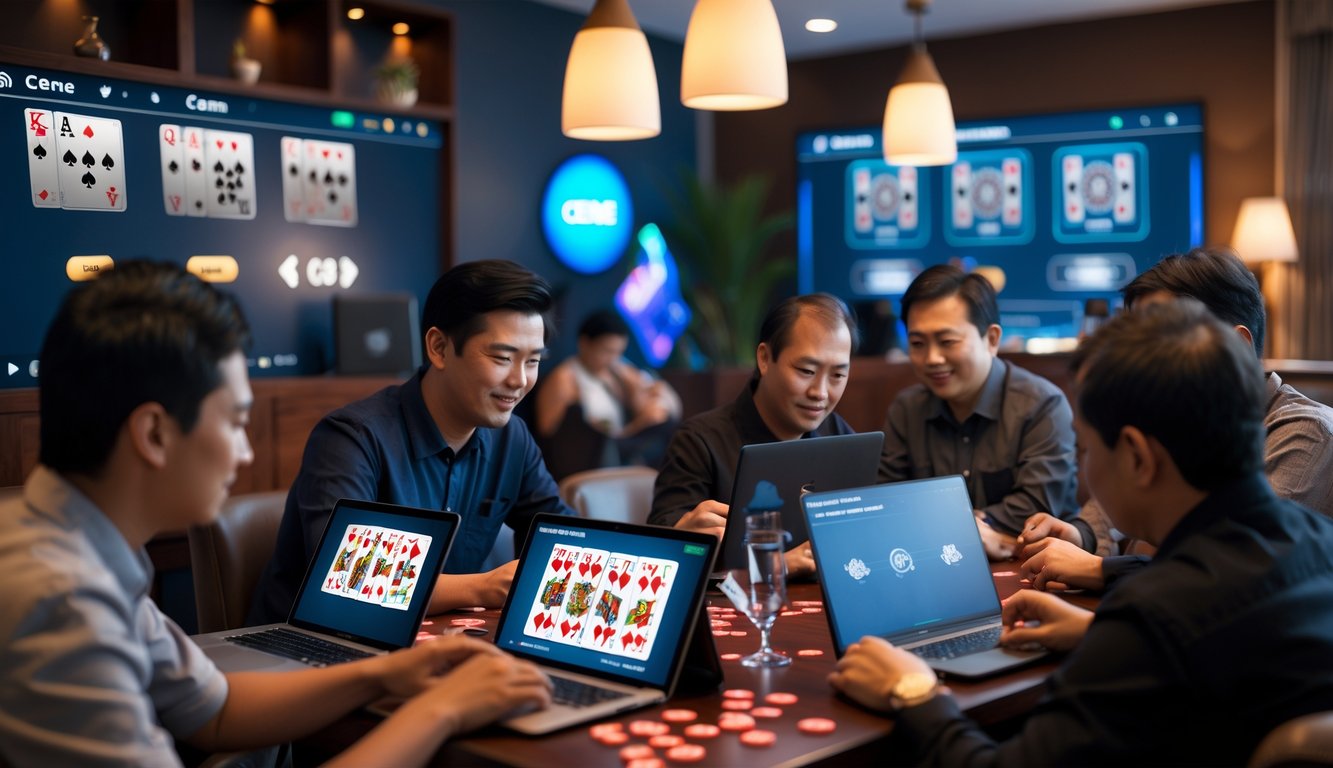 Beberapa orang sedang bermain judi Ceme online menggunakan laptop dan ponsel di ruangan yang nyaman dan terang.