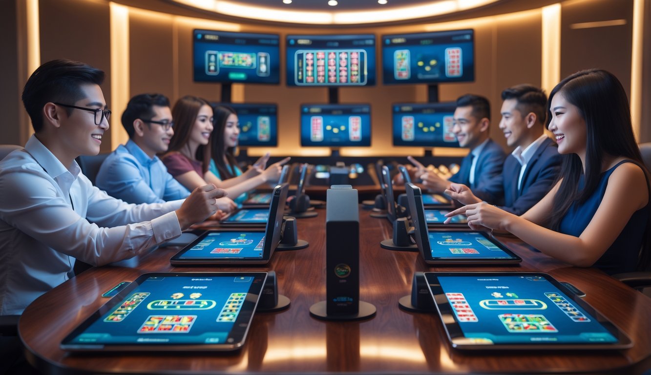 Sejumlah orang bermain judi Ceme online menggunakan komputer dan tablet di sebuah ruangan modern dengan meja kayu dan pencahayaan hangat.