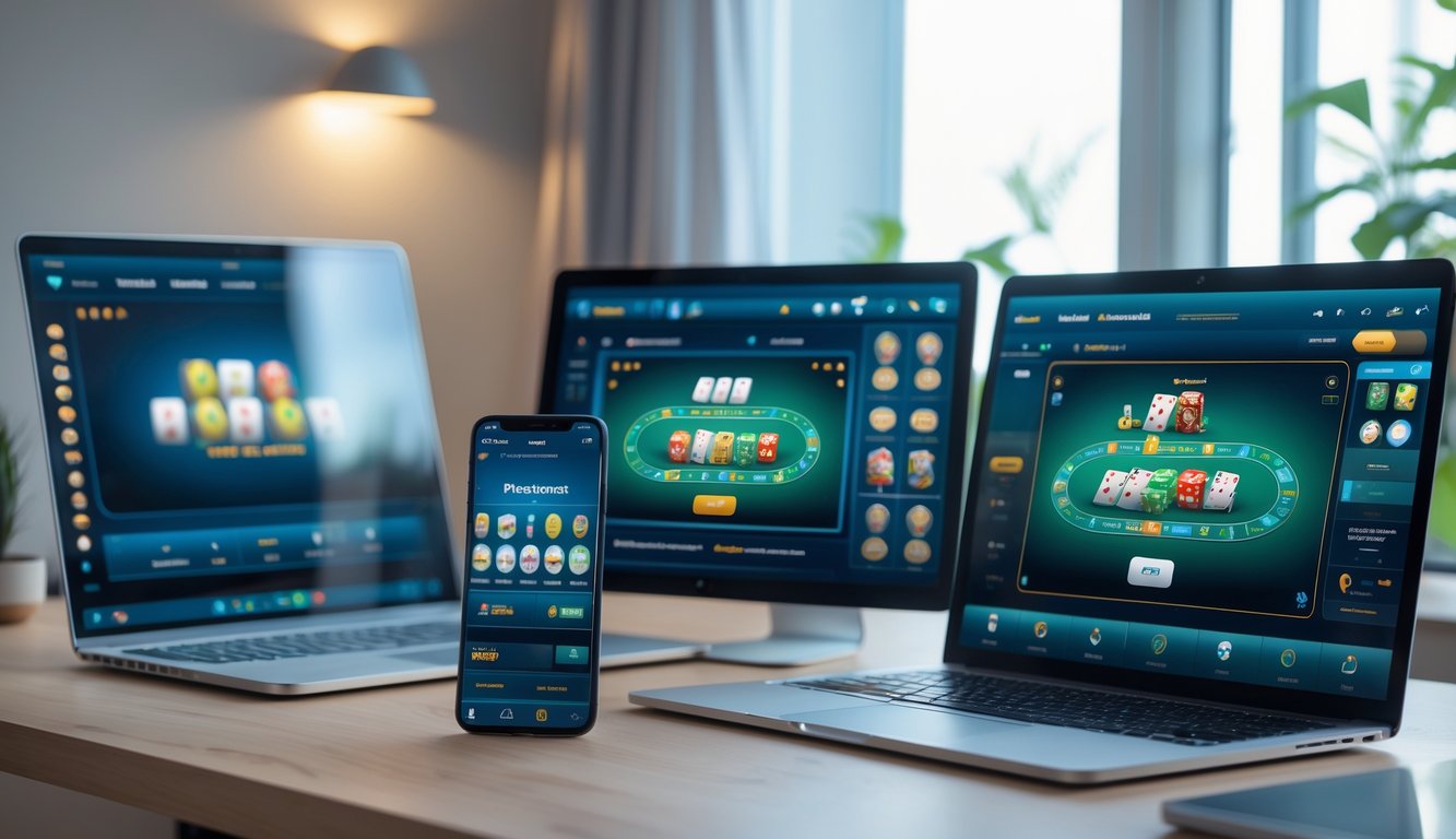 Beberapa perangkat seperti smartphone, tablet, dan laptop menampilkan permainan Ceme online dengan tampilan modern dan responsif di atas meja kerja yang rapi.