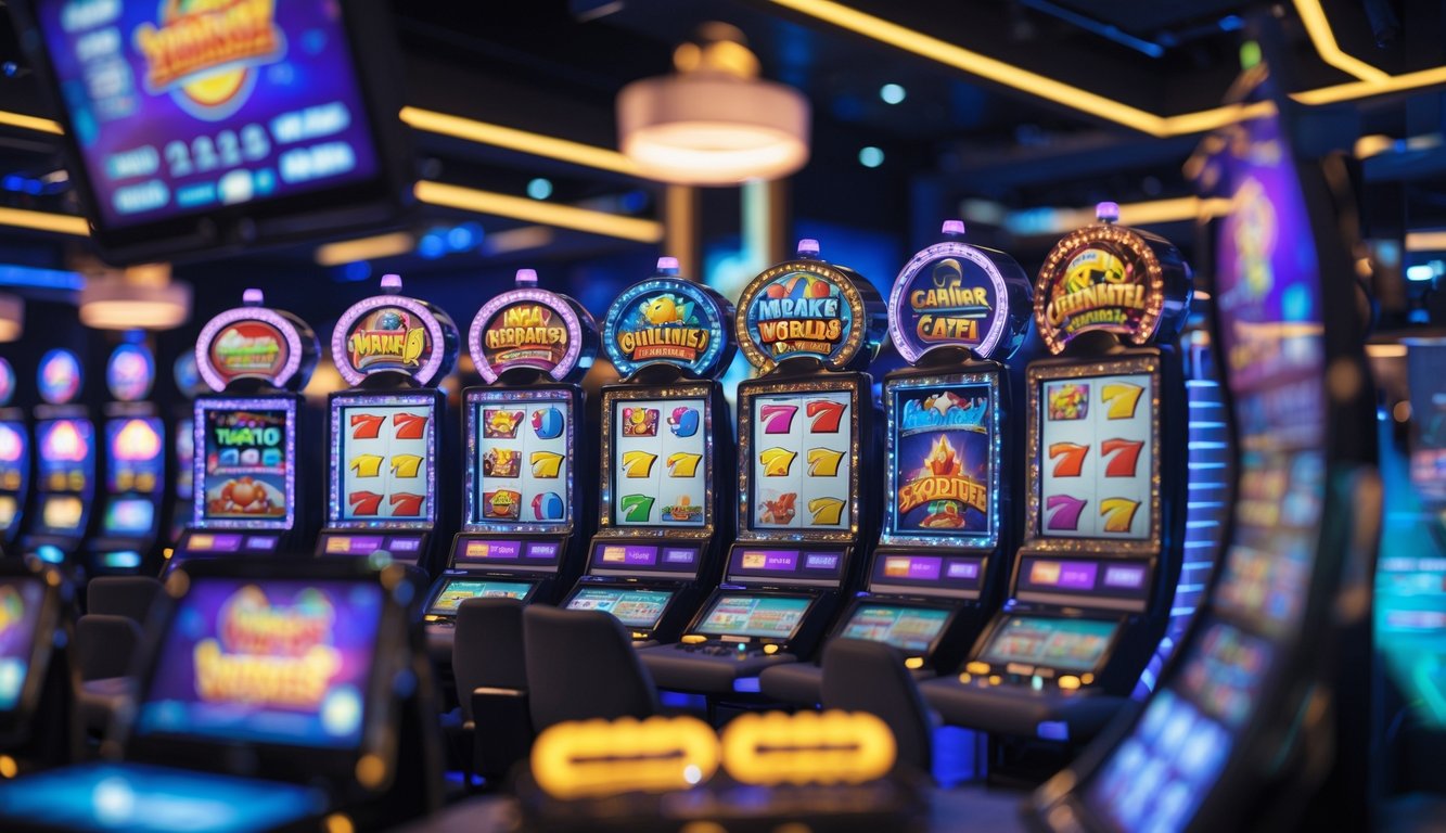 Tampilan antarmuka kasino online dengan berbagai permainan slot yang berwarna-warni dan beragam tema.