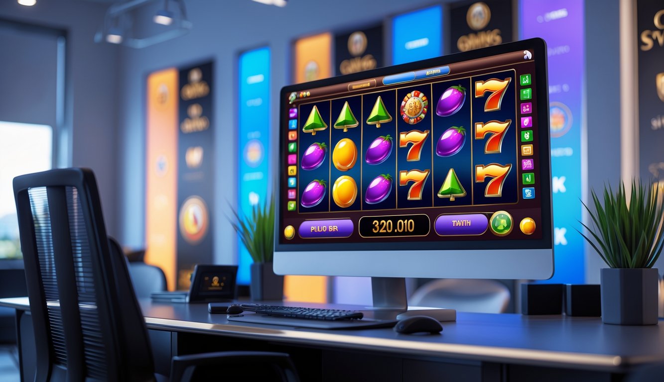 Sebuah ruang kerja modern dengan monitor menampilkan permainan slot online yang berwarna-warni dan menarik.