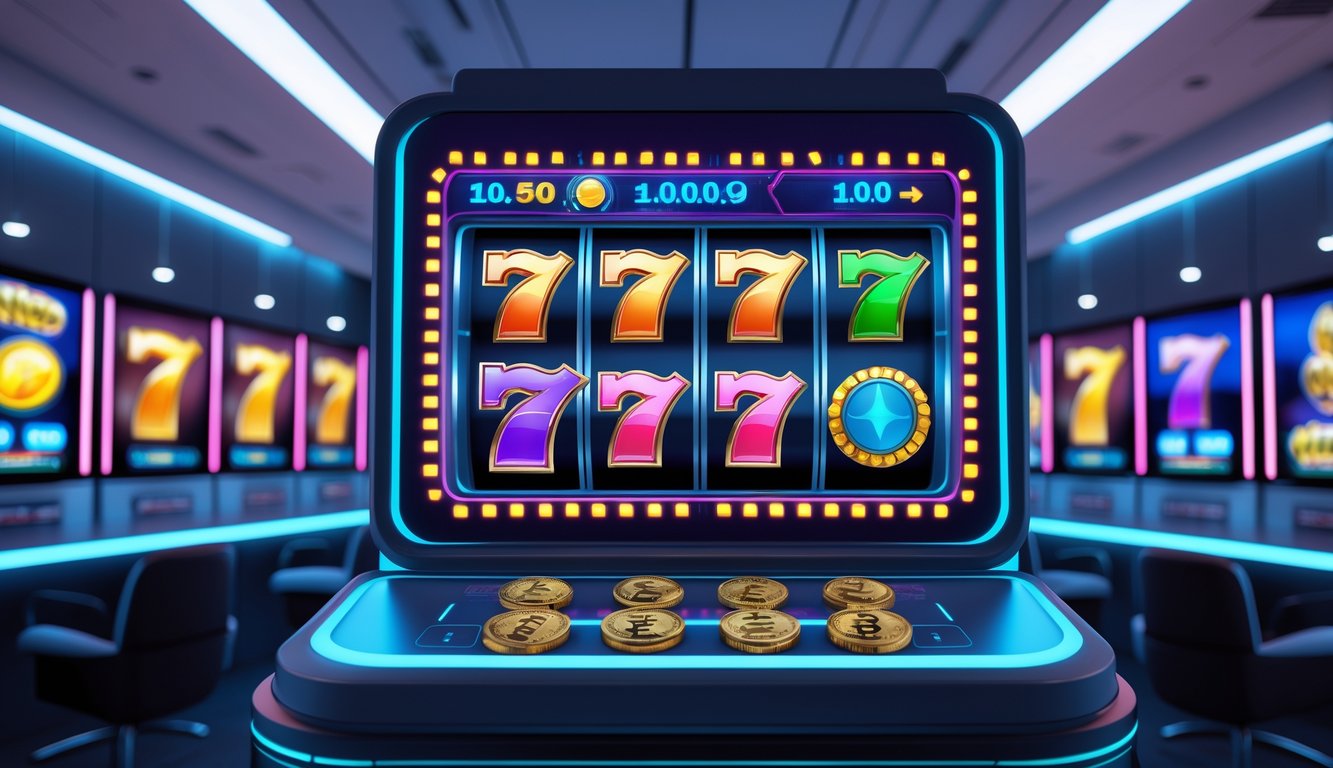 Suasana ruang permainan slot online modern dengan layar besar menampilkan gulungan slot berwarna-warni dan simbol keberuntungan.