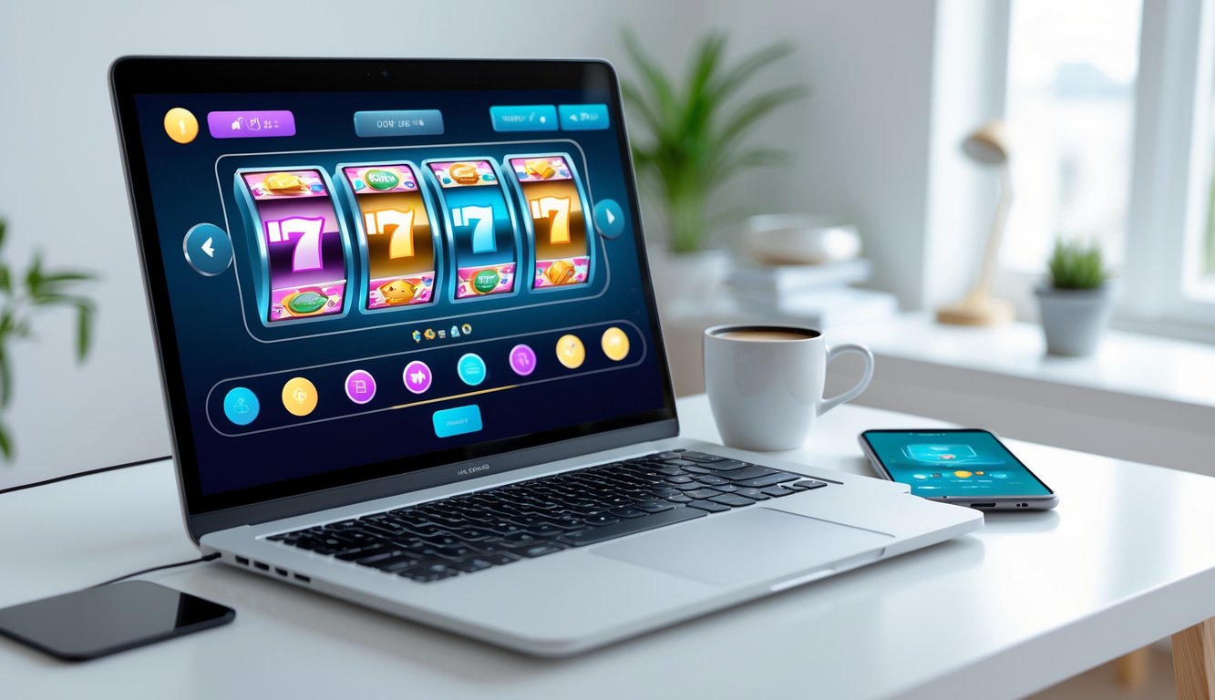 Tampilan antarmuka permainan slot online yang sederhana dan mudah digunakan di laptop dan ponsel di atas meja minimalis dengan latar belakang ruang kerja rumah yang nyaman.