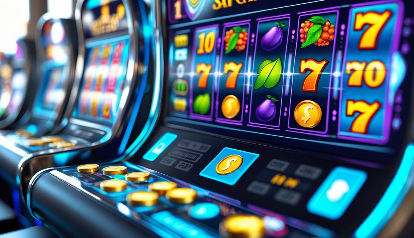 Tampilan antarmuka mesin slot digital yang modern dengan simbol warna-warni dan ikon keamanan yang menunjukkan sistem permainan yang adil.