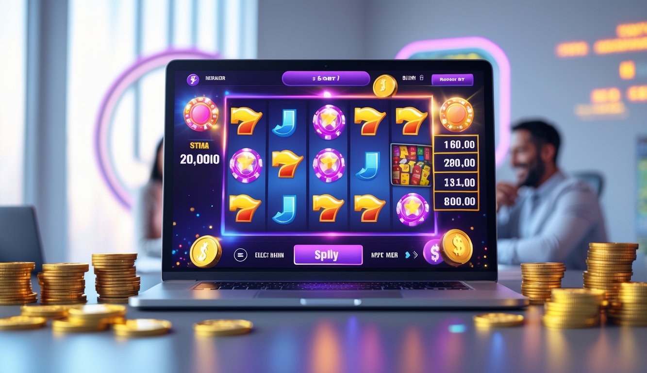 Seorang pemain sedang menikmati permainan slot online di komputer dengan latar belakang yang bersih dan pencahayaan lembut.