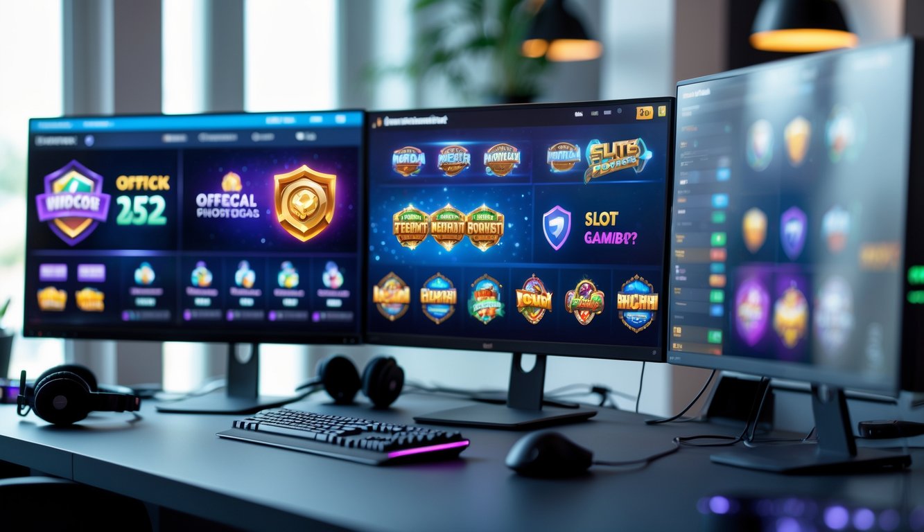 Meja komputer modern dengan beberapa monitor menampilkan permainan slot online dari berbagai penyedia resmi.