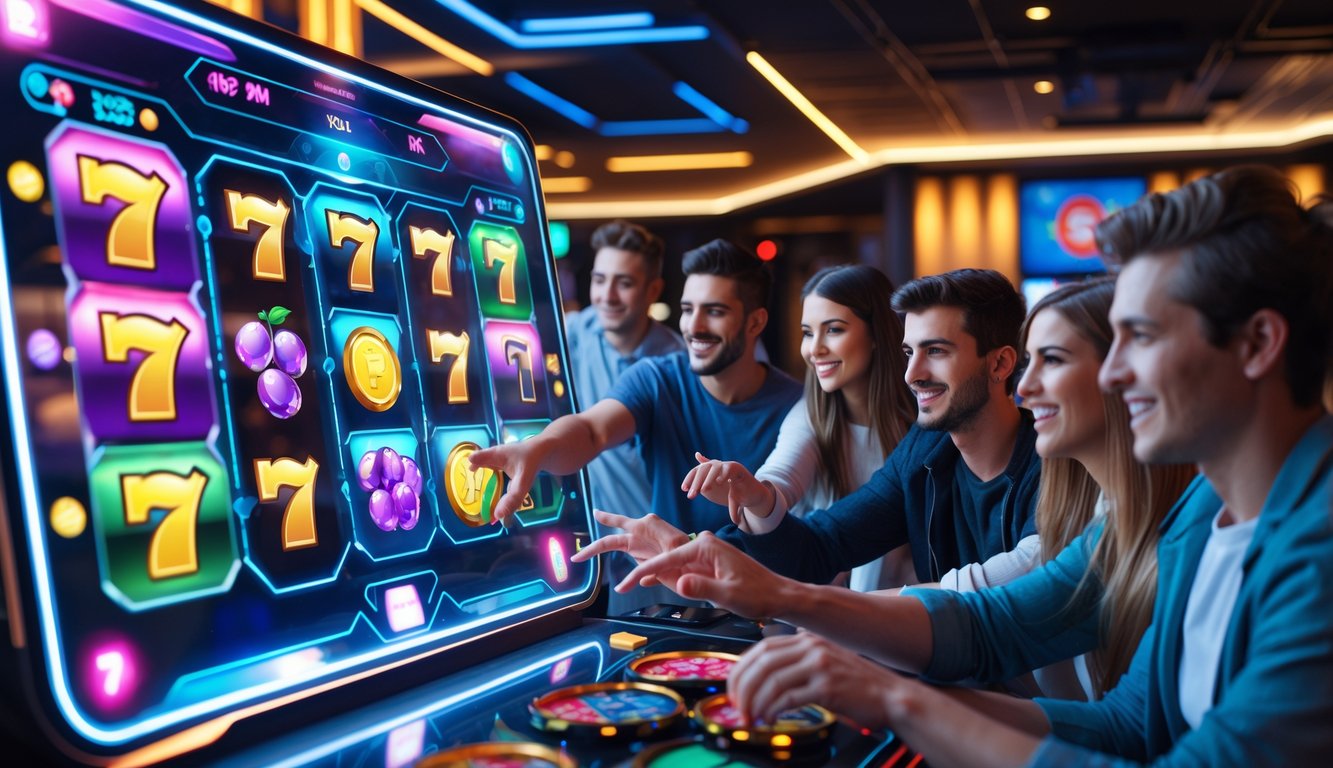 Orang-orang muda sedang bermain permainan slot online modern di layar sentuh besar di ruang permainan yang nyaman.