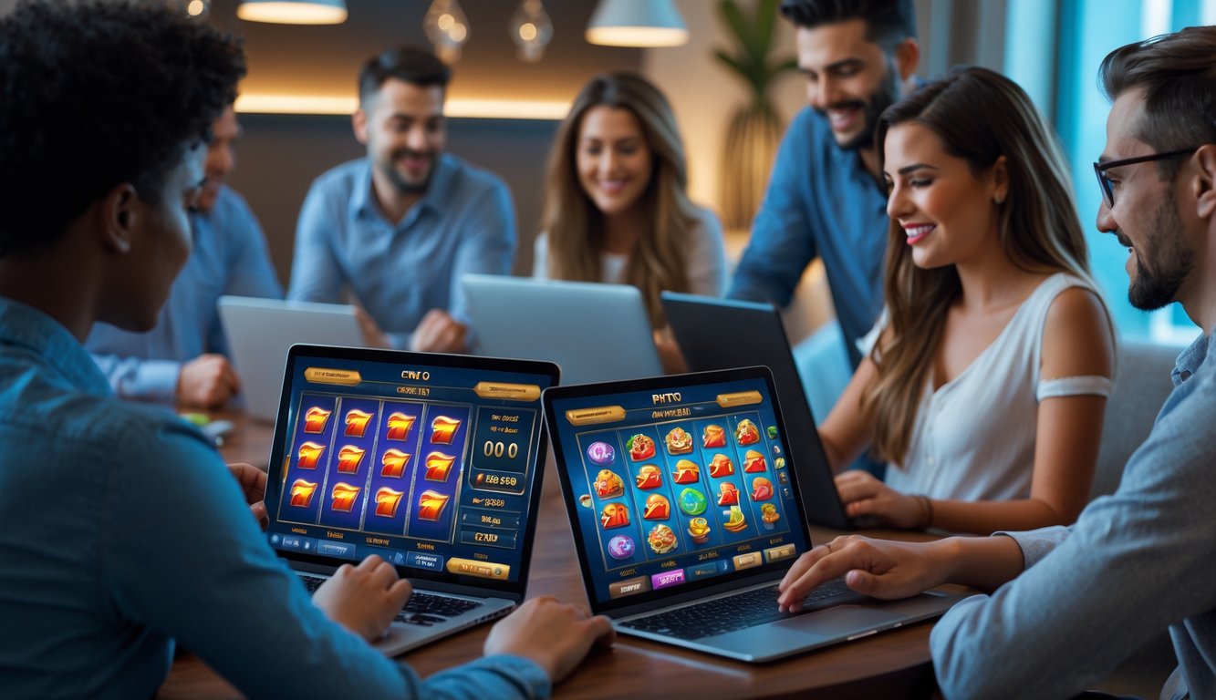 Beberapa orang menggunakan perangkat digital untuk bermain permainan slot online dalam ruangan yang nyaman dengan pencahayaan baik.