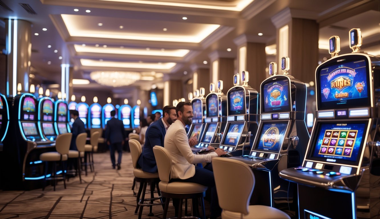 Suasana kasino modern dengan mesin slot canggih dan pemain yang sedang bermain dengan fokus dan antusias.