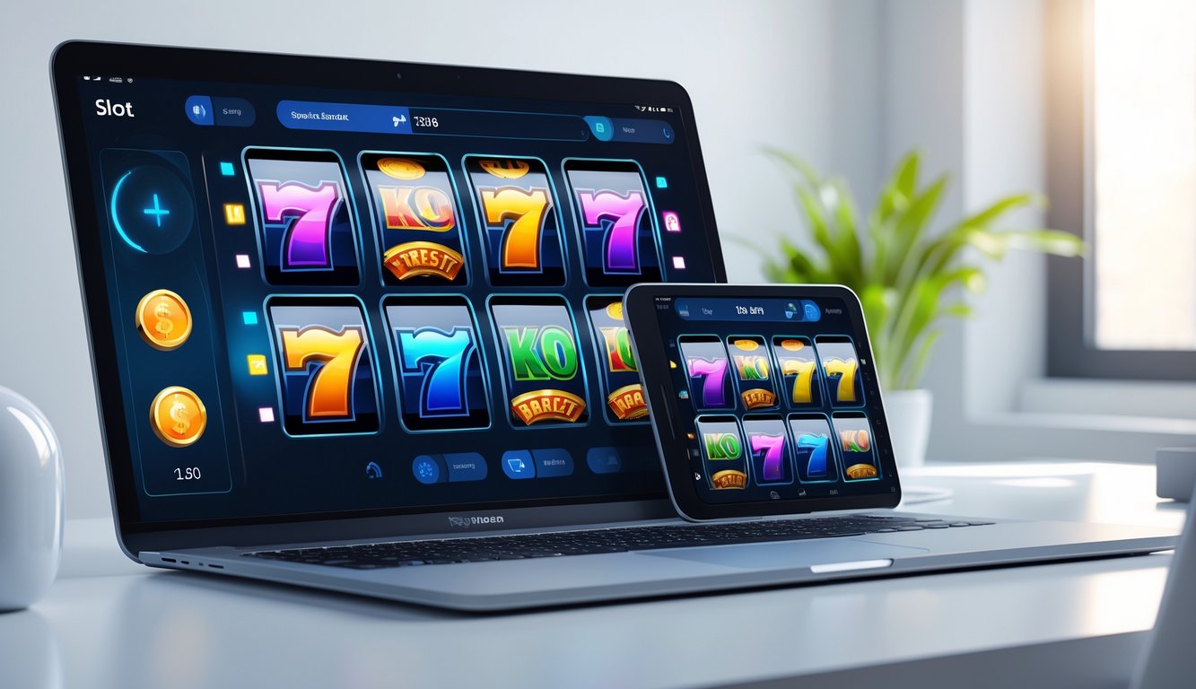 Tampilan antarmuka permainan slot online yang ringan dan responsif pada berbagai perangkat seperti ponsel, tablet, dan laptop di atas meja bersih.