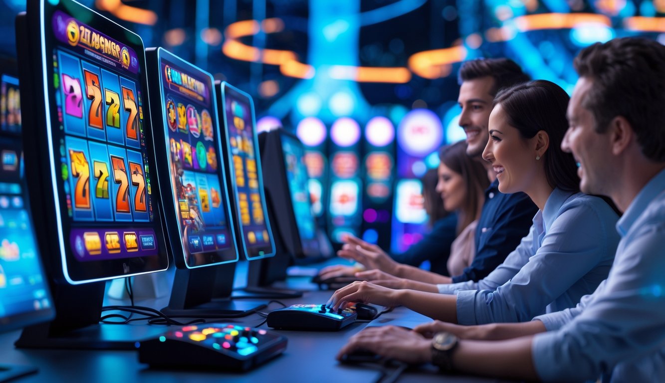 Orang-orang bermain permainan slot online di komputer dan ponsel dengan latar belakang modern dan lampu digital.