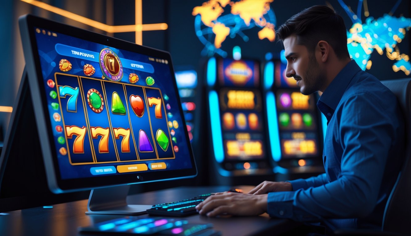 Seorang pemain menggunakan perangkat digital untuk bermain slot online dengan latar belakang peta dunia yang menunjukkan koneksi internasional.