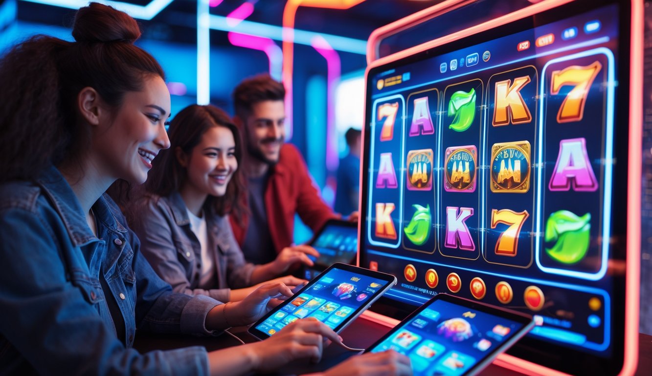 Beberapa orang muda sedang bermain game slot online dengan antarmuka digital berwarna-warni di ruang permainan modern.