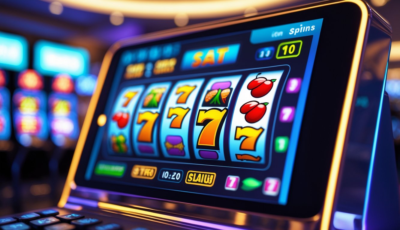 Tampilan dekat mesin slot online dengan gulungan berputar cepat di layar perangkat digital dalam suasana kasino yang modern.