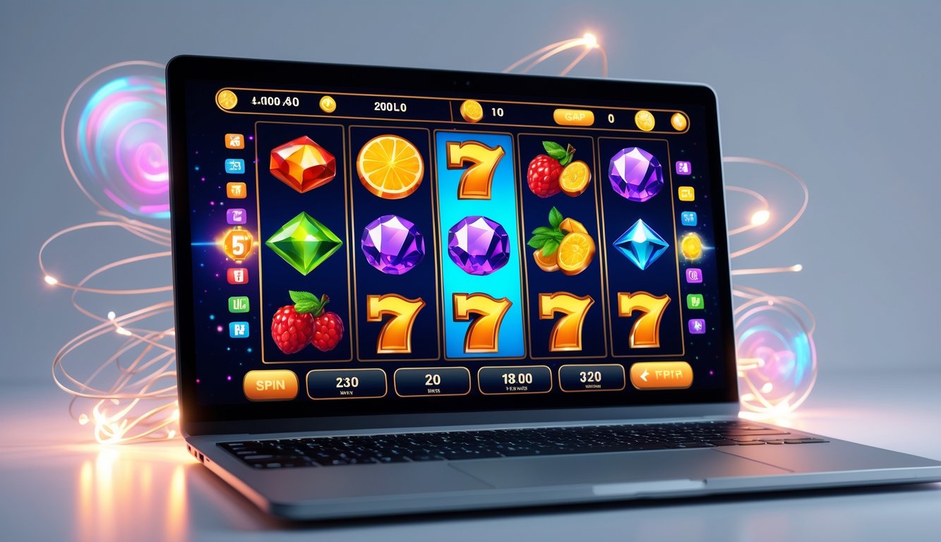 Layar laptop menampilkan permainan slot online dengan simbol warna-warni dan fitur bonus yang beragam.