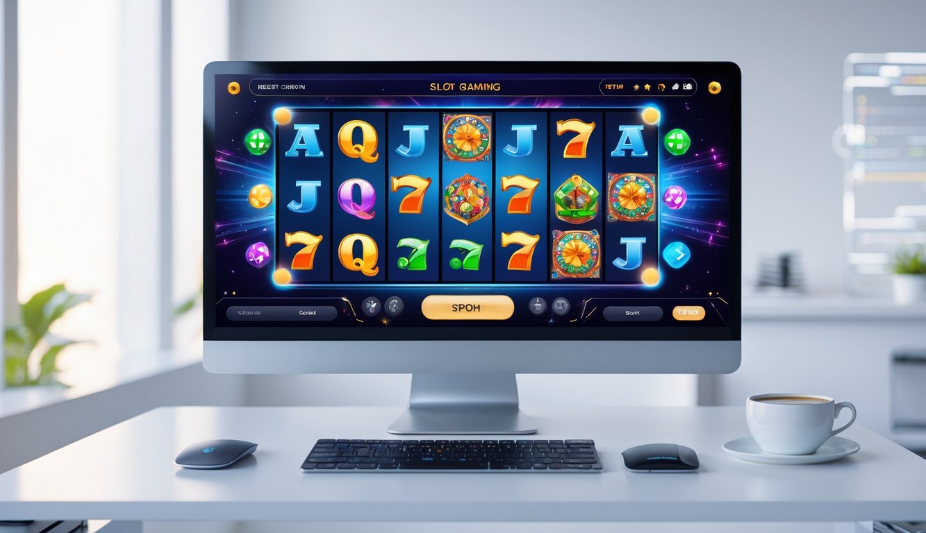 Tampilan antarmuka permainan slot online modern di layar komputer dan ponsel di atas meja kerja yang rapi.