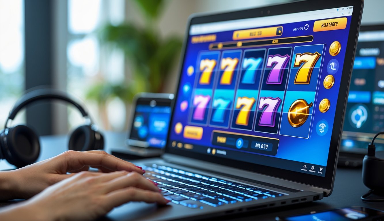 Tangan seseorang sedang bermain game slot online di layar komputer di ruangan modern yang terang.