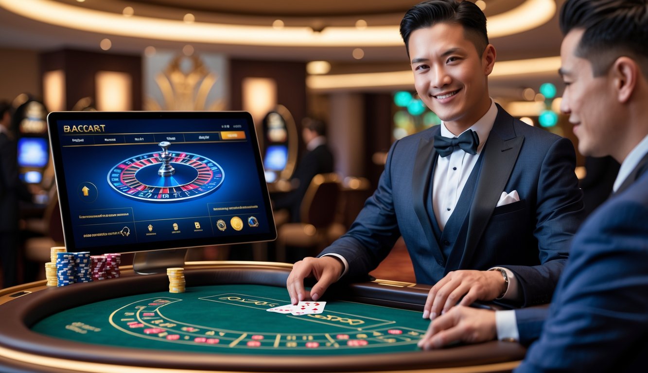 Seorang dealer profesional sedang membagikan kartu di meja baccarat online dengan latar belakang kasino yang mewah dan suasana yang tenang.