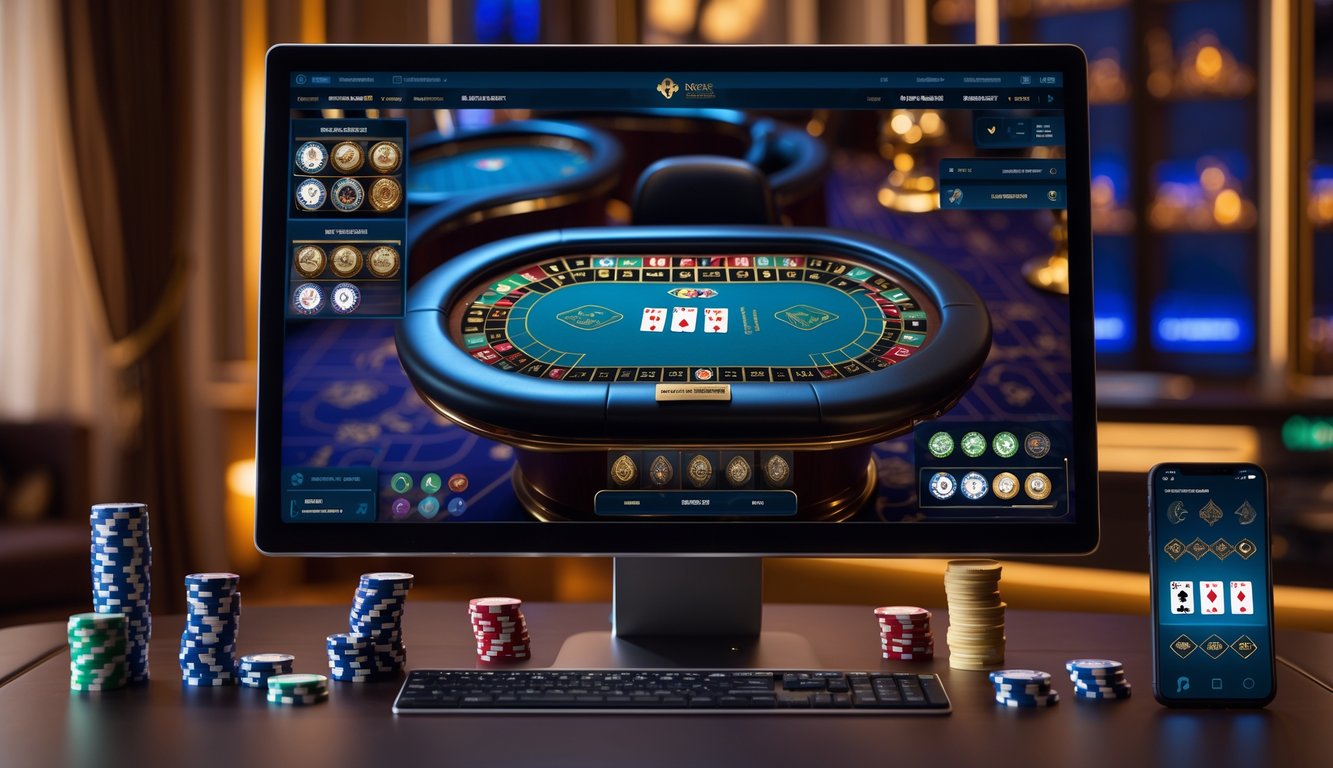 Meja permainan baccarat online lengkap dengan monitor, kartu, dan chip di atas meja.
