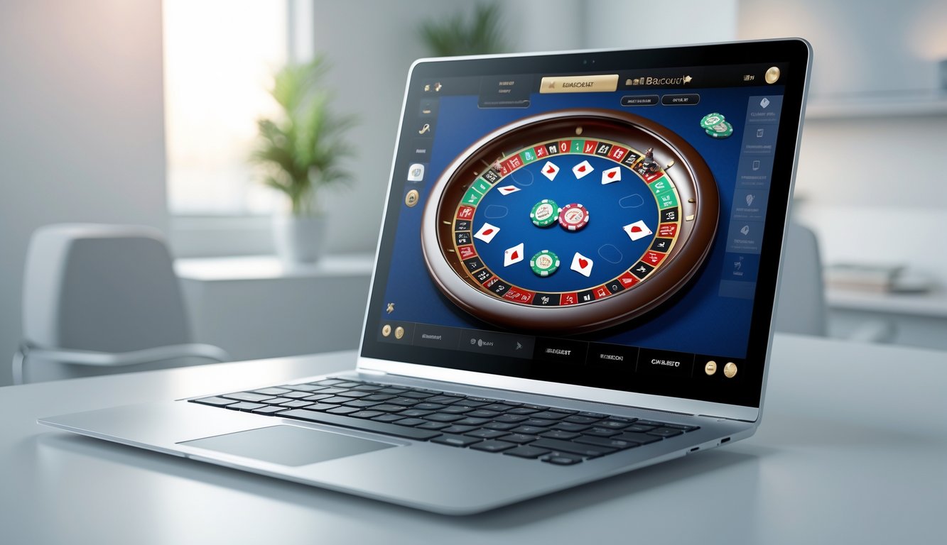 Sebuah laptop modern menampilkan permainan baccarat online dengan tampilan bersih dan responsif di atas meja minimalis dalam ruangan terang.
