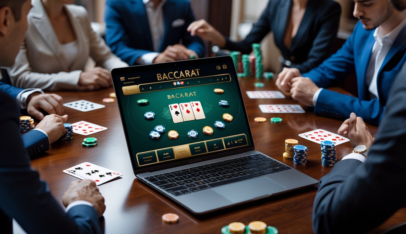 Sebuah laptop dengan permainan baccarat online di layar, dikelilingi oleh chip dan kartu bermain di atas meja kayu, dengan beberapa orang fokus bermain di latar belakang.
