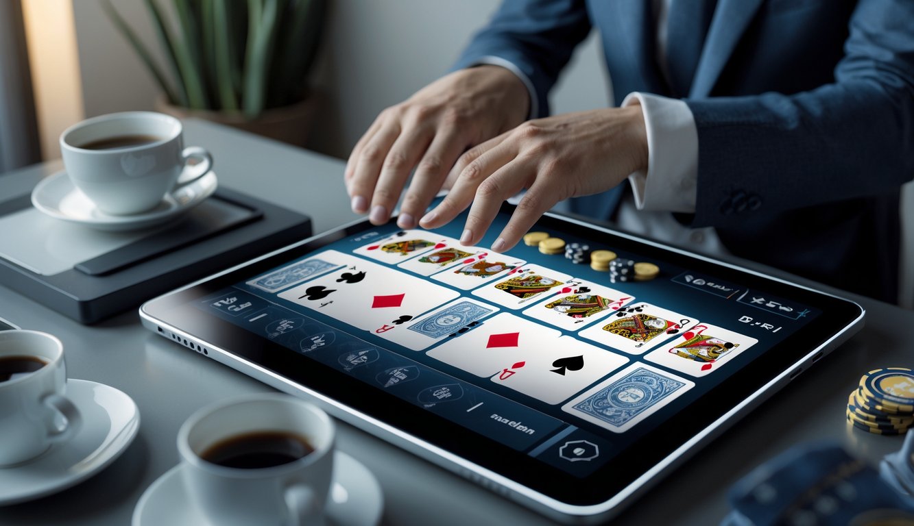 Seseorang bermain baccarat online dengan antarmuka digital di layar besar dalam suasana ruangan yang nyaman.