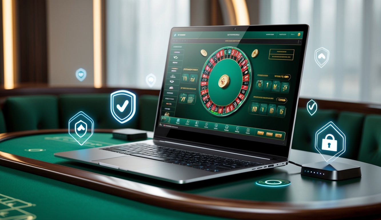 Sebuah perangkat komputer menampilkan permainan baccarat online dengan latar belakang yang bersih dan elemen yang menunjukkan keamanan dan keadilan dalam permainan.