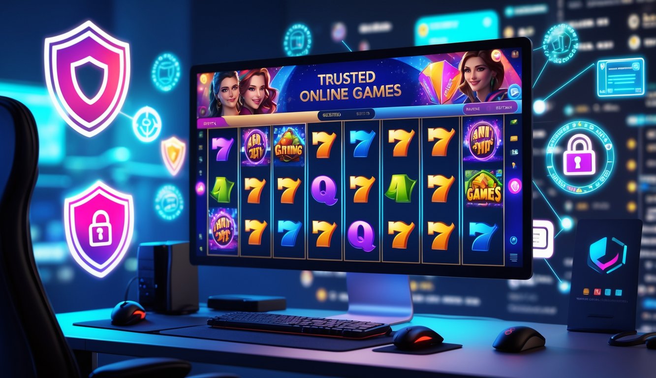 Suasana ruang kerja modern dengan komputer yang menampilkan permainan slot online berwarna-warni dan elemen yang melambangkan keamanan dan kepercayaan.