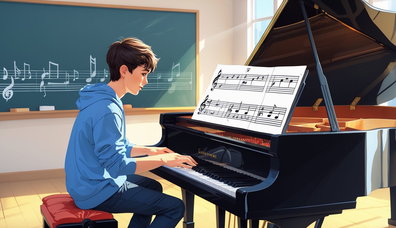 Een jong persoon zit aan een vleugelpiano en leest aandachtig bladmuziek terwijl hij zich voorbereidt om te spelen.