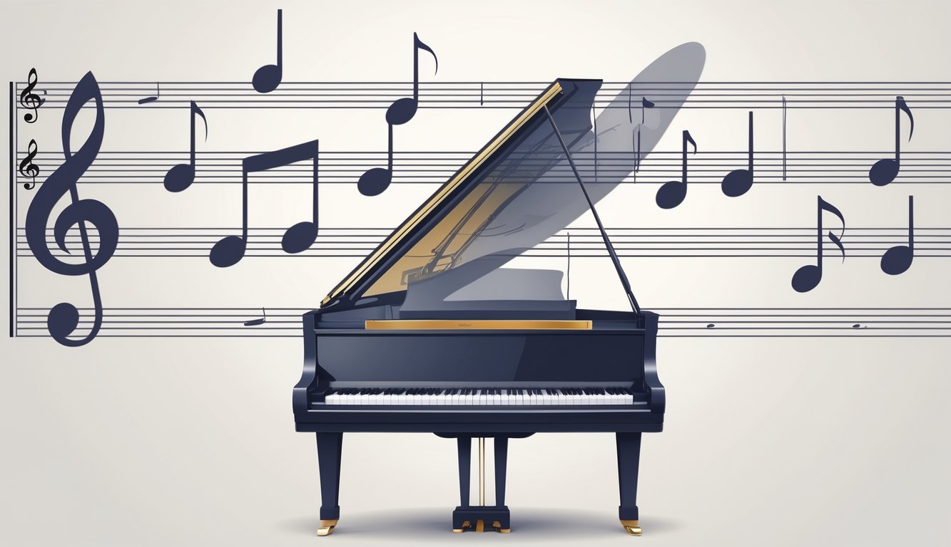 Een afbeelding van een piano met verschillende soorten muzieknoten erboven, die tonen hoe je pianonoten kunt leren lezen.