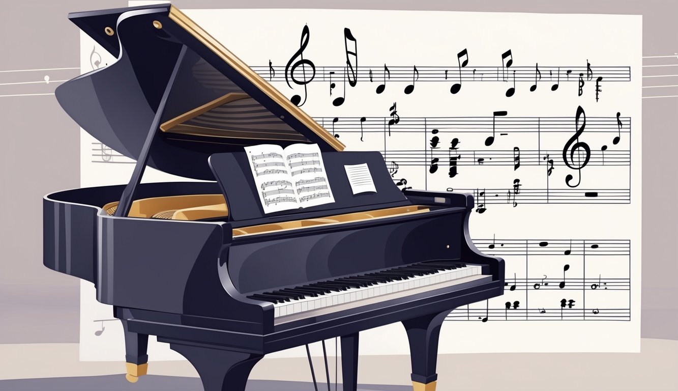 Een vleugelpiano met zwevende muzieknoten boven de toetsen en een muziekblad op de achtergrond.