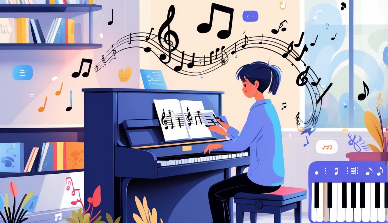 Een jong persoon zit aan een piano en leest aandachtig bladmuziek in een muziekklaslokaal met educatieve hulpmiddelen rondom.