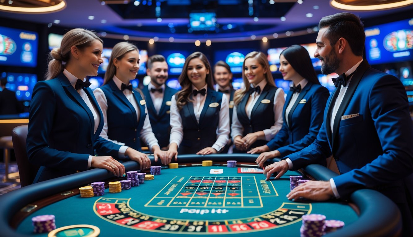 Beberapa dealer profesional sedang bekerja di meja kasino dengan peralatan permainan dan layar menampilkan siaran langsung kasino online.