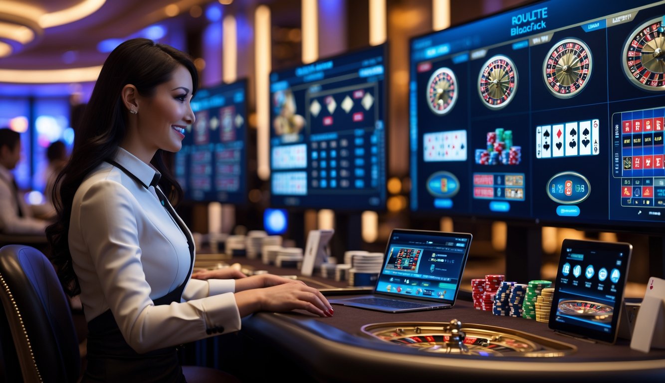 Seorang dealer kasino profesional sedang melakukan permainan langsung dengan latar belakang layar besar menampilkan permainan kasino secara real-time.