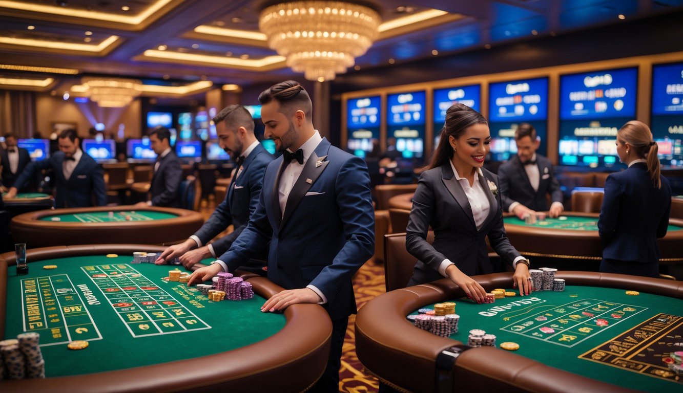 Suasana kasino online langsung dengan beberapa meja permainan lengkap dan dealer yang melayani pemain.