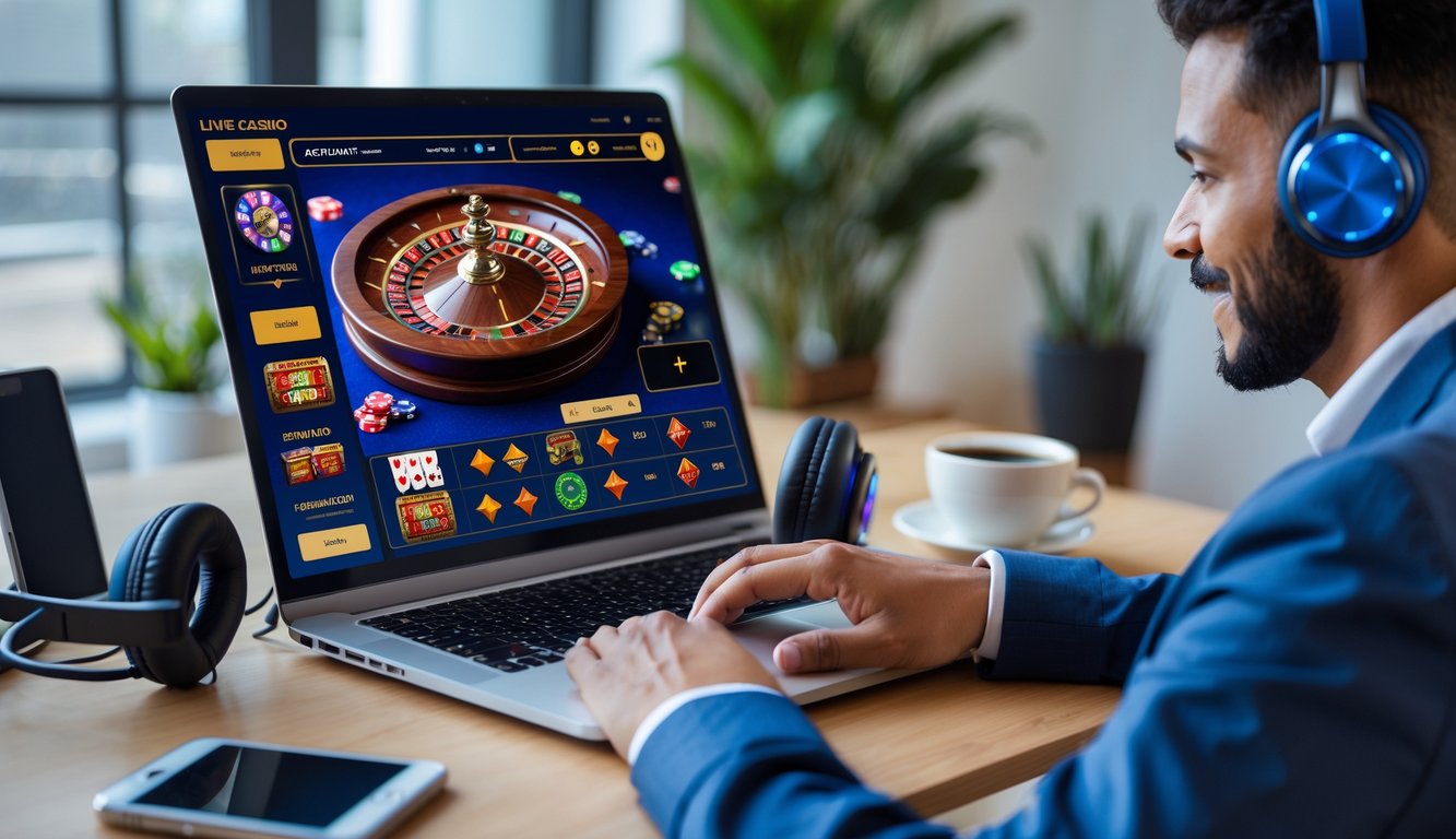 Seseorang bermain kasino langsung online di depan laptop dengan tampilan permainan kasino yang hidup dan responsif.