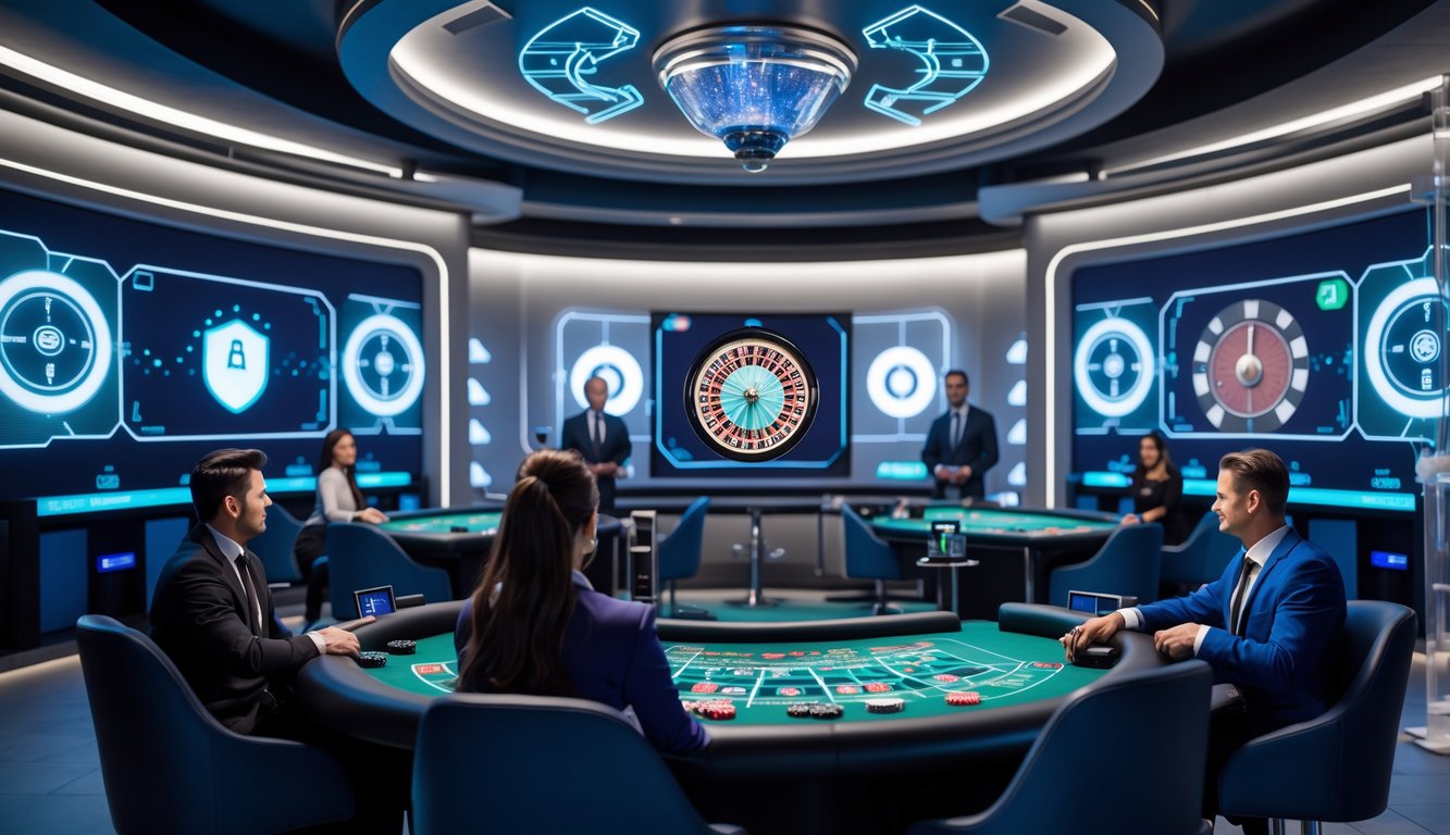 Studio kasino online dengan dealer profesional dan elemen keamanan digital yang terlihat.